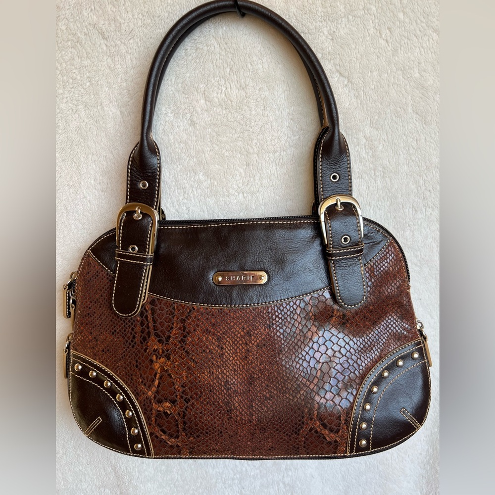 Vintage Sharif Handbag. Mixed motif brown leather.